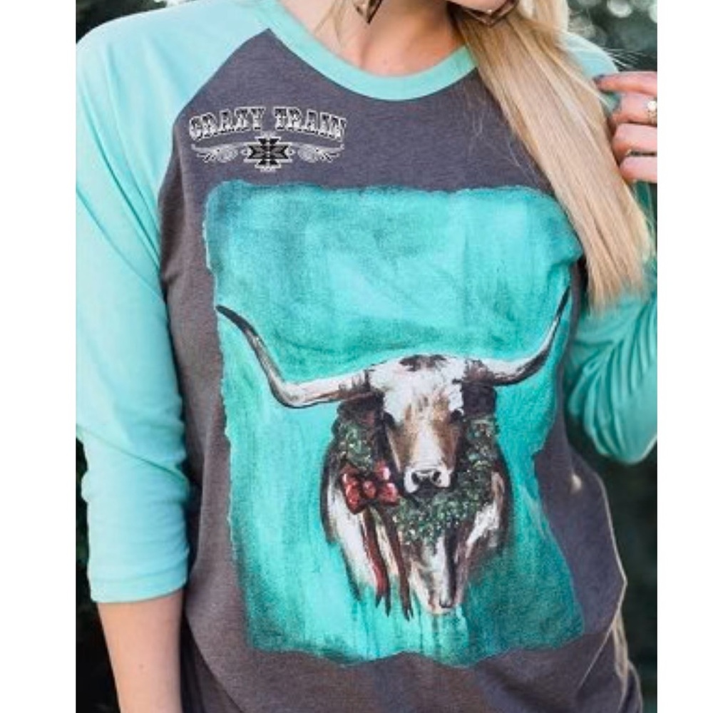 Crazy Train Size XL Longhorn Christmas Brown & Turquoise Raglan Baseball Shirt